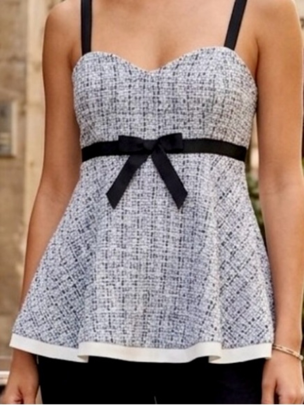 ZARA Tweed Spaghetti straps peplum bow top grey black white size M